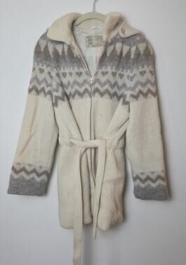 Hilda Ltd. M Icelandic Wool Hooded Sweater Jacket Full-zip Tie Nordic Lopi Knit
